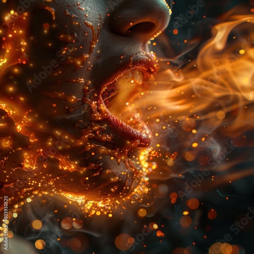 A woman s face is radiant and fiery  emitting fire because of eating spicy food from her mouth. Magic effect  realistic makeup imagination of human thinking