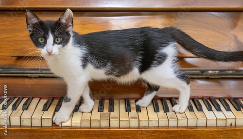 Black and white cat walks over piano keys
