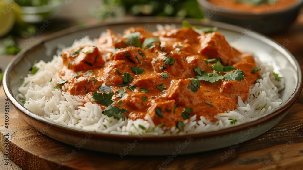 A plate of chicken tikka masala with basmati rice on a wooden table
