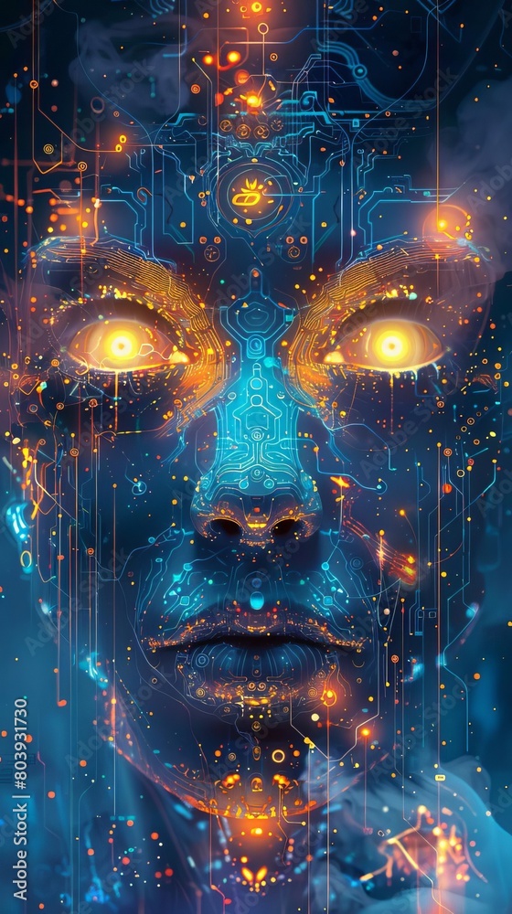 Design a digital artwork featuring a humanoid robot with intricate circuit patterns and glowing eyes