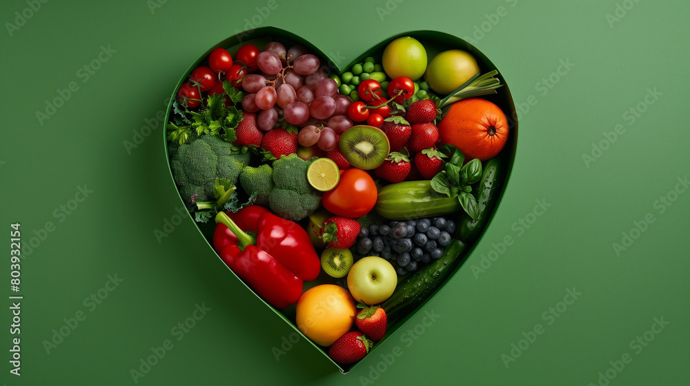 A green cardboard heart-shaped box filled with an assortment of healthy foods, including fruits, vegetables, and nuts, set against a vibrant green background. The composition exudes freshness A green cardboard heart-shaped box filled with an assortment of healthy foods, including fruits, vegetables, and nuts, set against a vibrant green background. The composition exudes freshness
