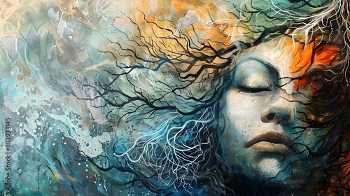 Serene Spiritual Coexistence Abstract Portrait Painting with Harmonious Nature Spirits and Tranquil Energies