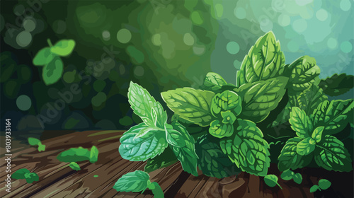 Fresh mint leaves on table closeup style vector