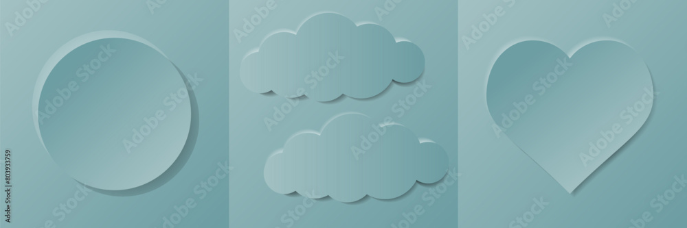Set of aesthetic pastel color blue background frame with circle, heart and clouds in minimalistic design Set of aesthetic pastel color blue background frame with circle, heart and clouds in minimalistic design