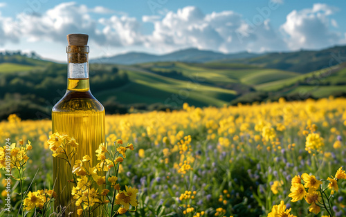 Bottle of pure rapeseed oil stands amidst blooming yellow flowers with rolling green hills under a vivid sunset sky