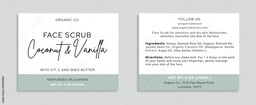 Label and sticker template for facial scrub packaging