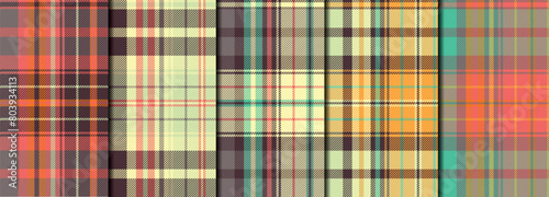 5 checkered geometric seamless patterns set with weaven texture. Colorful tartan plaid backgrounds