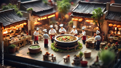 Miniature harvest scene, tilt-shift photo of "Sichuan hotpot restaurant chefs making food, people at work", creative photography posters, miniature photography, beautiful lighting, emphasis lighting, 