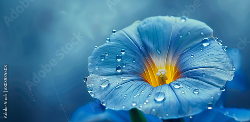 Beautiful blue morning glory flower with water drop on petal in a macro photo, photo