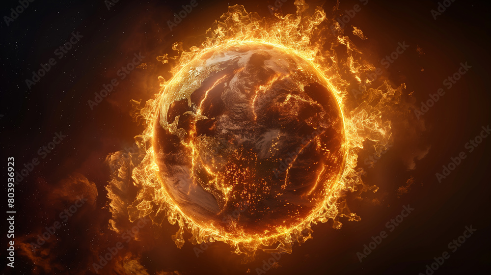 The globe orb was surrounded by a ring of fire, global warming concept, Generative AI The globe orb was surrounded by a ring of fire, global warming concept, Generative AI