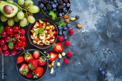 Colorful Assortment of Fresh Fruits and Nuts on Dark Background