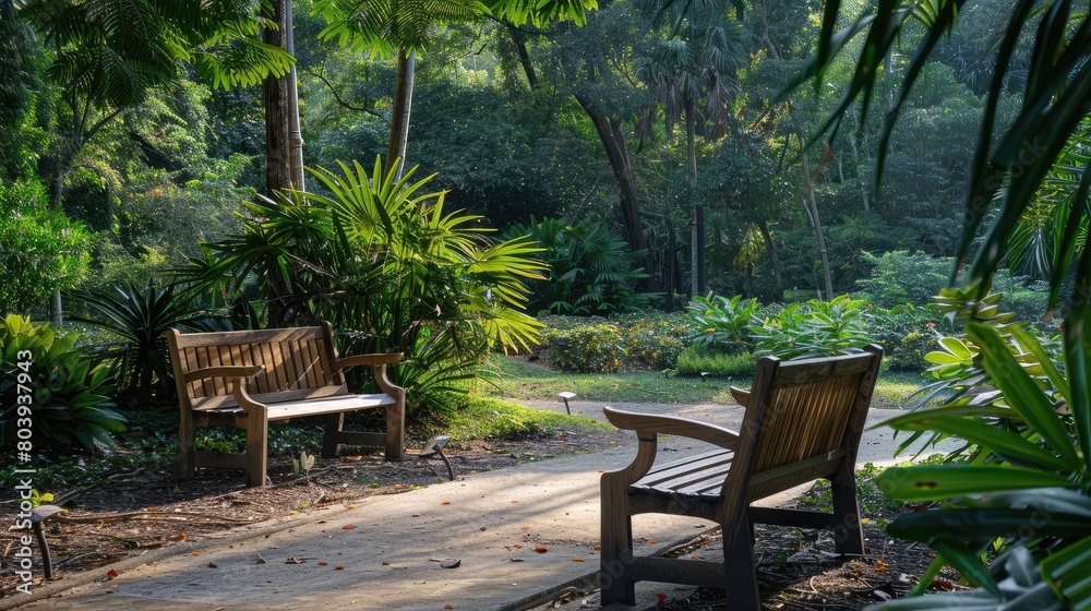 Cozy wooden seating nestled among lush greenery in a public garden, providing a peaceful retreat for visitors. Cozy wooden seating nestled among lush greenery in a public garden, providing a peaceful retreat for visitors.
