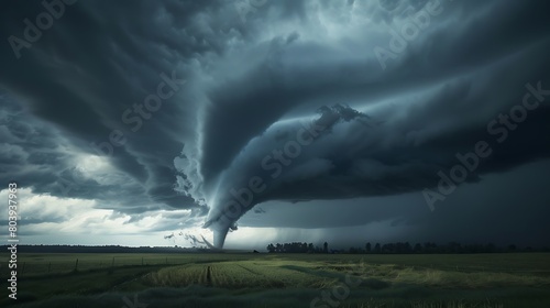 Tornado funnel cloud descending from dark storm clouds, threatening to touch down with destructive force.