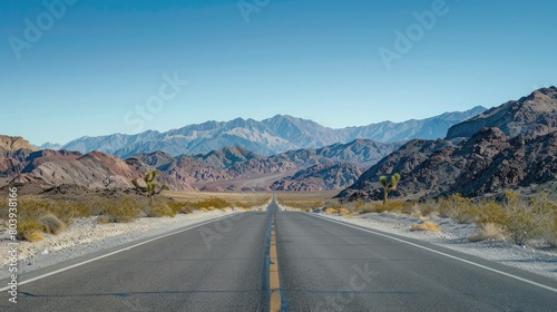 Desert highway cutting through arid landscape with rugged mountains in the background and clear blue sky.