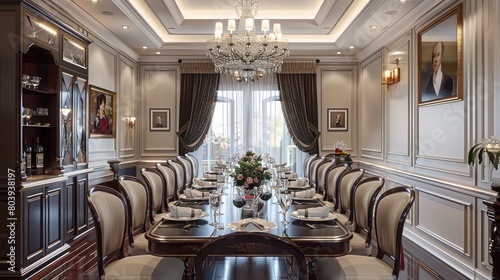 Elegant dining room with glossy wooden floor, set for a formal dinner gathering with friends and family.