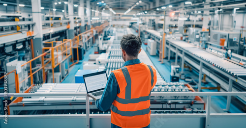 A worker in an orange safety vest is holding and looking at his laptop, standing on the balcony of production hall with machines working inside, with white walls and blue floor