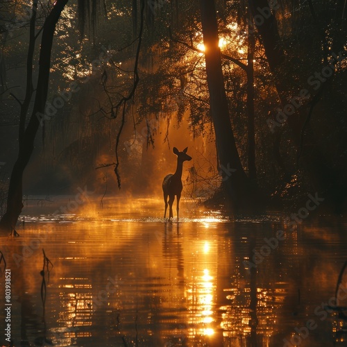 The reflection of sunlight in a beautiful tropical river forest looks exotic, a little silhouette of sunlight hitting the shadows of animals