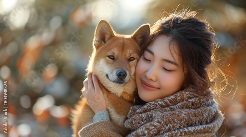 happy asian woman huggings her japanese shiba dog in a park photo