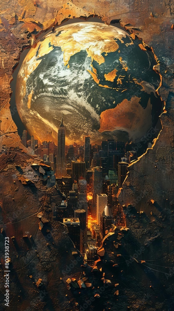 Fototapeta premium A painting of a city inside a sphere made of stone with a hole in it.