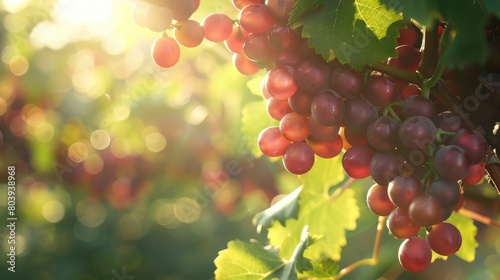 Fresh ripe grapes glistening in the sunlight, ready to be harvested in a lush vineyard. photo