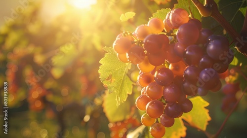 Fresh ripe grapes glistening in the sunlight, ready to be harvested in a lush vineyard.