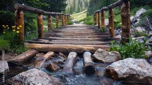 Handcrafted wooden bridge over a mountain stream, offering hikers a scenic path through the wilderness.