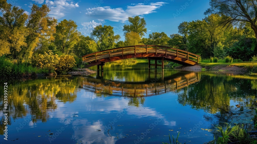 Idyllic wooden bridge crossing a peaceful pond, reflecting the surrounding trees and blue sky on its tranquil surface.