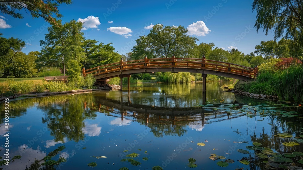 Fototapeta premium Idyllic wooden bridge crossing a peaceful pond, reflecting the surrounding trees and blue sky on its tranquil surface.