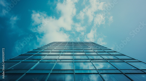 A striking image of a modern office building under a blue sky  captured in a minimalistic style with a low-angle perspective. The photograph captures a decisive moment  showcasing the architectural 