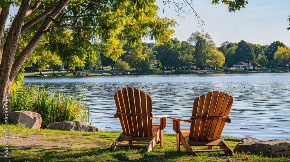 Lakeside park scene with sturdy wooden chairs positioned along a scenic waterfront promenade, perfect for birdwatching.