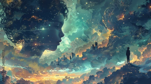 The face of a woman made of stars and galaxies with a city on her shoulder and a person standing on her hand.