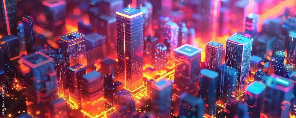 An isometric view of a city made of glowing neon skyscrapers.