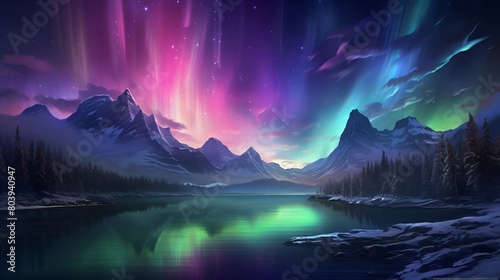 Beautiful landscape with aurora borealis #803940947