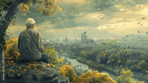 An old man sits on a cliff overlooking a city.