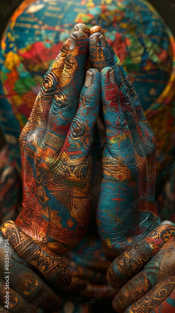 Craft a mixed media artwork showcasing a front-facing view of hands clasped in unity Craft a mixed media artwork showcasing a front-facing view of hands clasped in unity