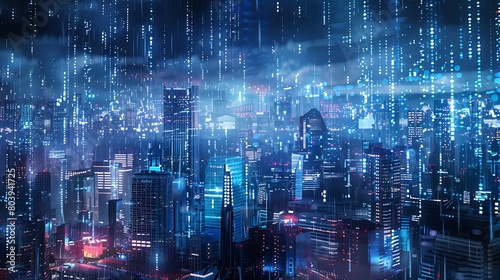 Digital rain falling onto a virtual cityscape, representing the constant flow of data in the digital age photo