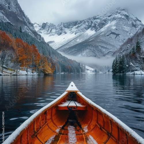 Riding a canoe along the river in winter, seeing the beautiful views of icebergs and exotic hills with the reflection of the sun's rays