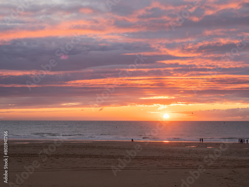 Oostende, Belgium - July 31st 2023: View over the city beach during sunset.
