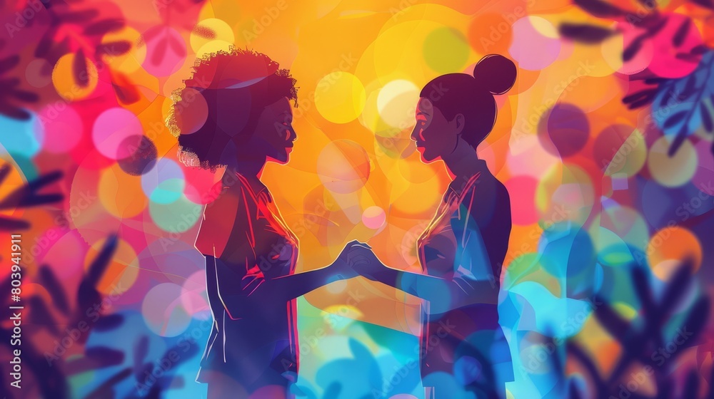 Two people of color, one with short hair and one with long hair, holding hands in front of a rainbow background.