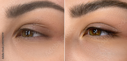 permanent eyeliner makeup close up. Healthy and clean skin young woman, before and after procedure	
 photo