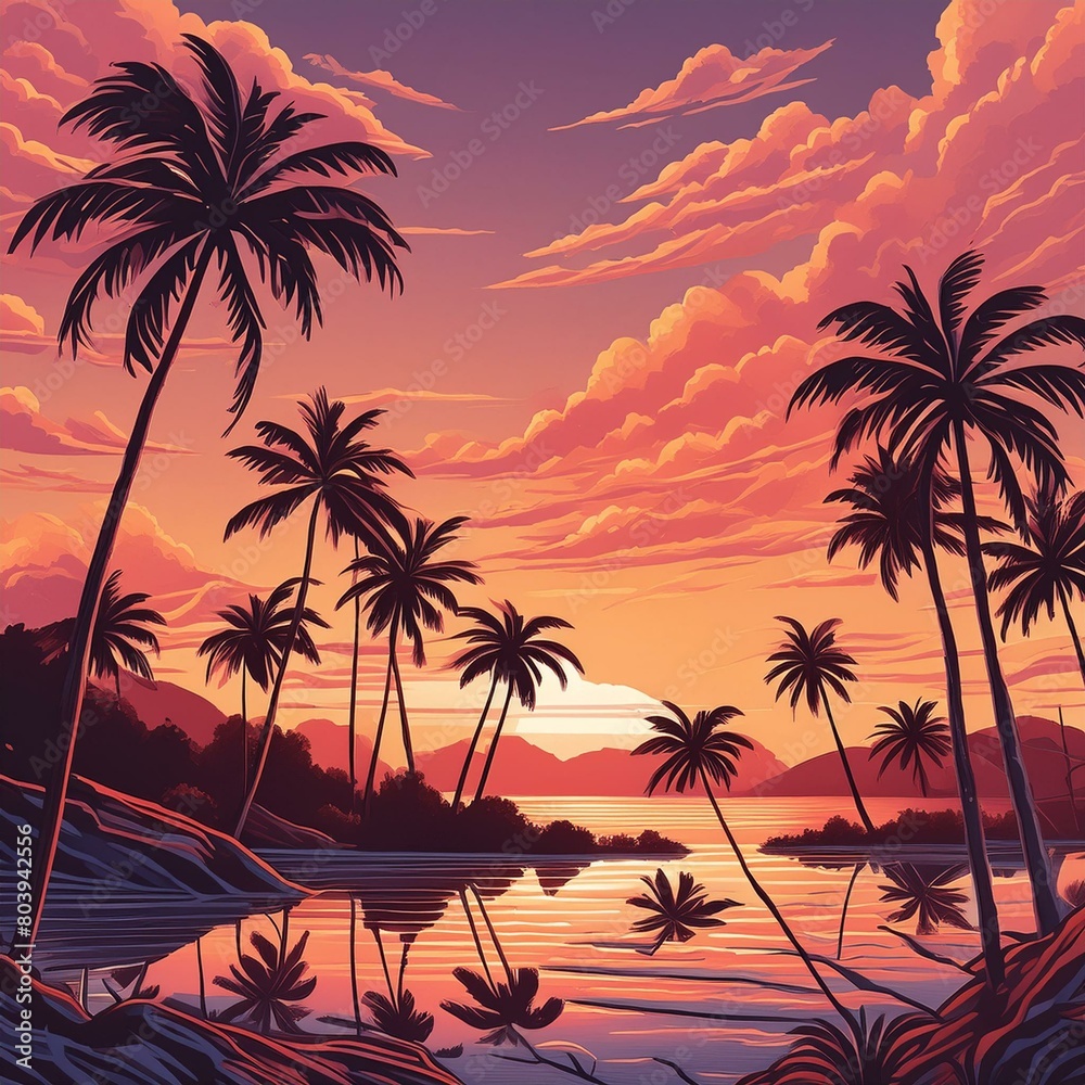  vibrant sunset scene with silhouettes of palm trees against an orange and pink sky.