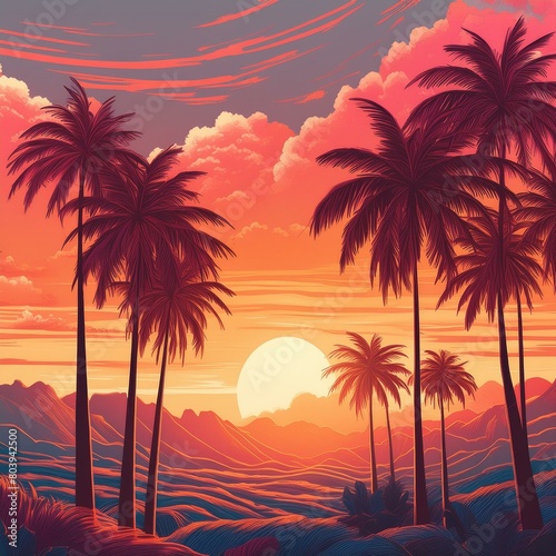  vibrant sunset scene with silhouettes of palm trees against an orange and pink sky." © Waqasali