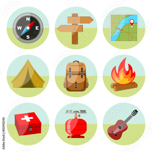Hiking icons set. Colored round icons on a white background. 