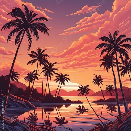  vibrant sunset scene with silhouettes of palm trees against an orange and pink sky."
