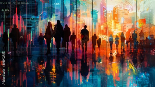 Cityscape with people walking on a busy street with colorful lights and reflections in the water.