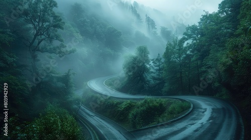 Surreal landscape of twisting and turning roads through a misty forest, creating an atmosphere of mystery and intrigue. photo