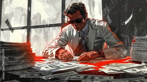 An illustration of a man counting money at a table.