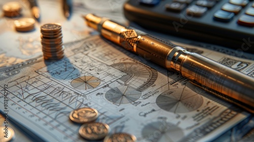 An accountant's desk with a calculator, pen, and stacks of coins.
