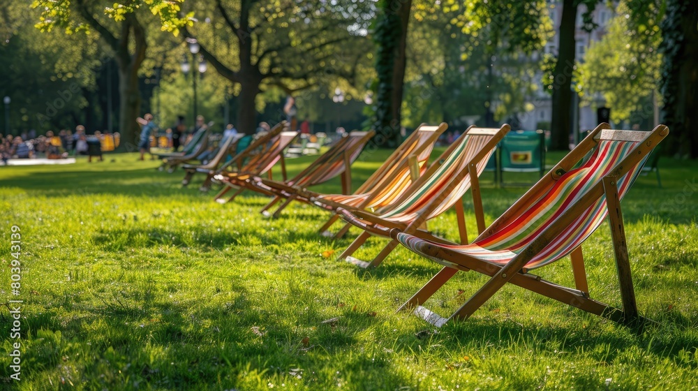 Traditional wooden deck chairs arranged on a sunny lawn in a public park, beckoning visitors to relax and unwind. Traditional wooden deck chairs arranged on a sunny lawn in a public park, beckoning visitors to relax and unwind.