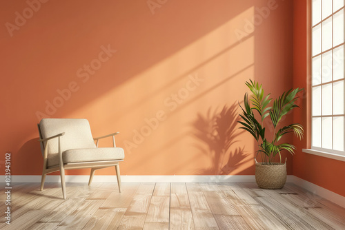 light orange wall white wooden floor and an empty room with an armchair  